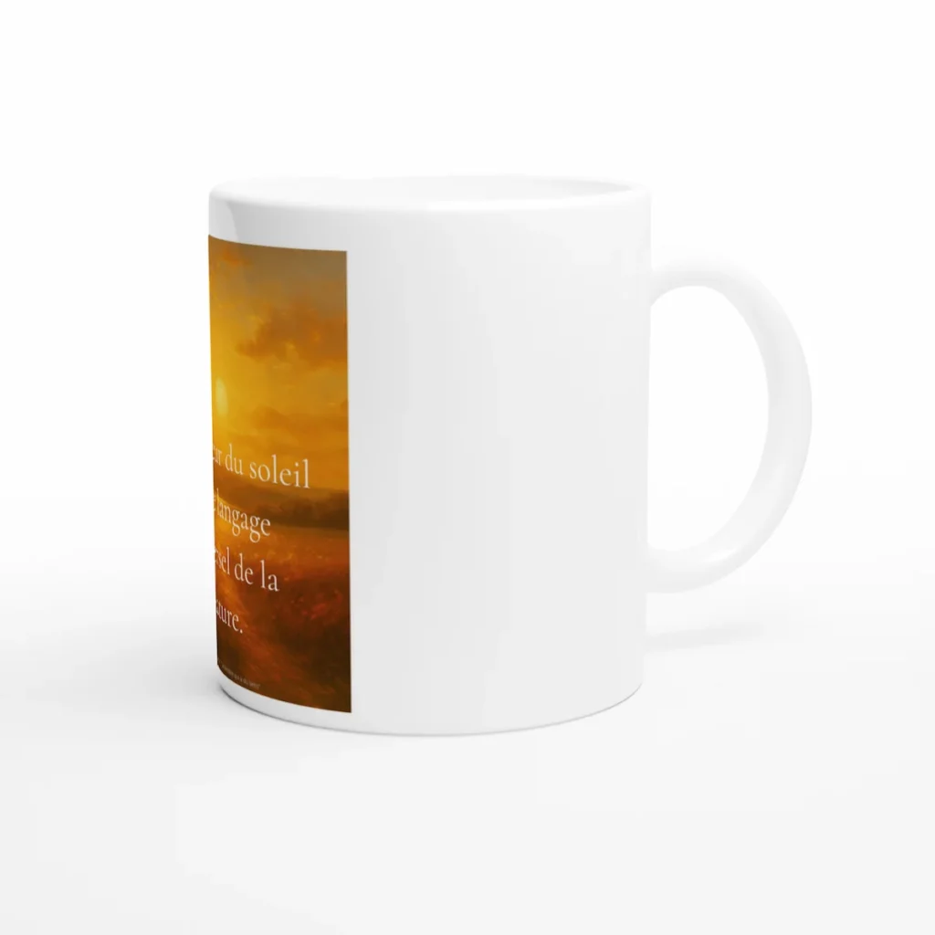 Mug blanc avec anse, impression artistique aux tons dorés représentant un soleil et une citation poétique sur la nature