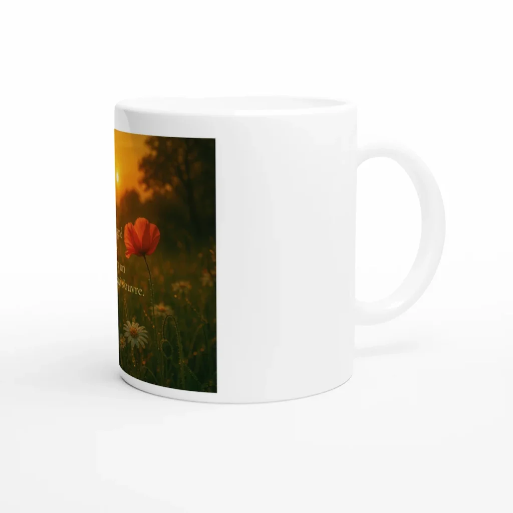 Tasse en céramique blanche Solaire Universel, design nature au coucher de soleil avec citation bien-être et conscience