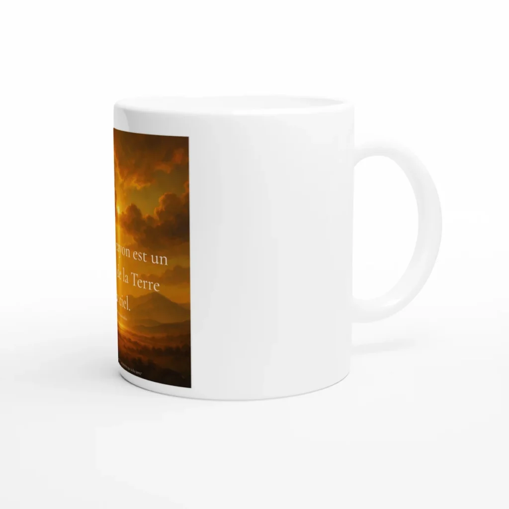 Mug solaire en céramique blanche avec citation Chaque rayon est un message de la Terre au ciel – vue latérale avec anse.