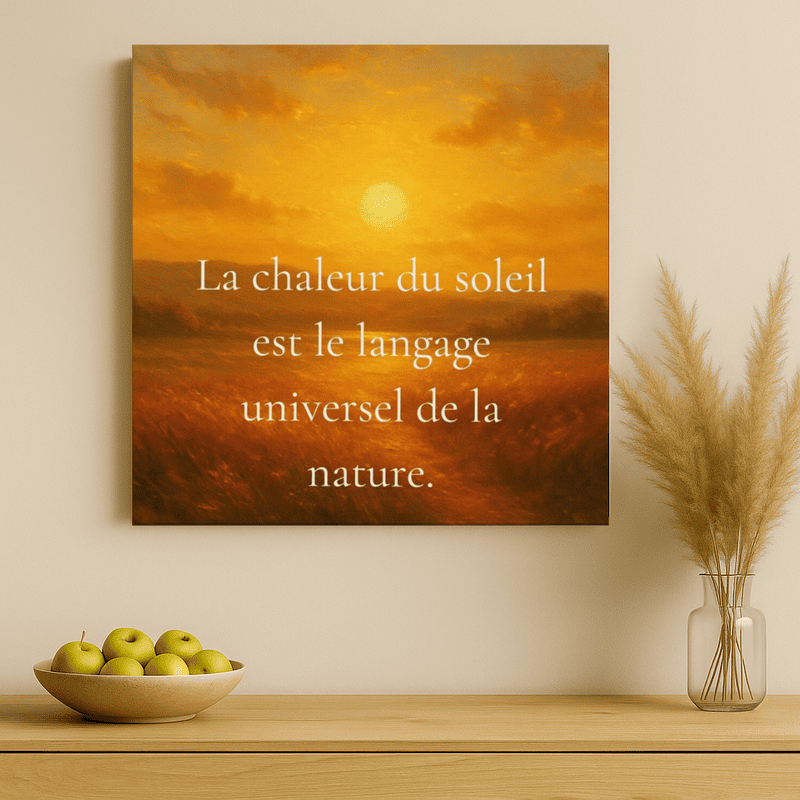 Toile murale avec un paysage doré au coucher du soleil et la citation « La chaleur du soleil est le langage universel de la nature », exposée dans une décoration intérieure chaleureuse.
