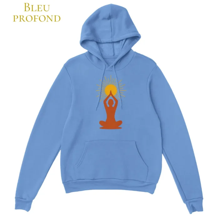 Hoodie bleu profond océan design dos méditation soleil - Solaire Universel collection Art et Esprit Solaire