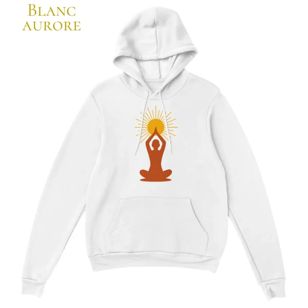 Hoodie blanc aurore design dos méditation soleil - Solaire Universel collection Art et Esprit Solaire