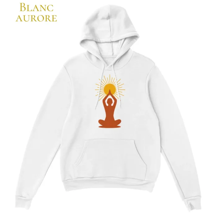 Hoodie blanc aurore design dos méditation soleil - Solaire Universel collection Art et Esprit Solaire