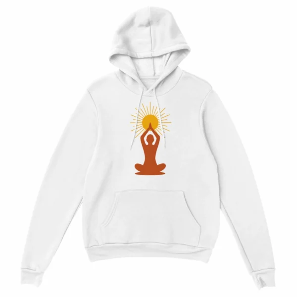 Hoodie Lumière intérieure blanc – sweat à capuche unisexe avec motif méditation et soleil, Solaire Universel