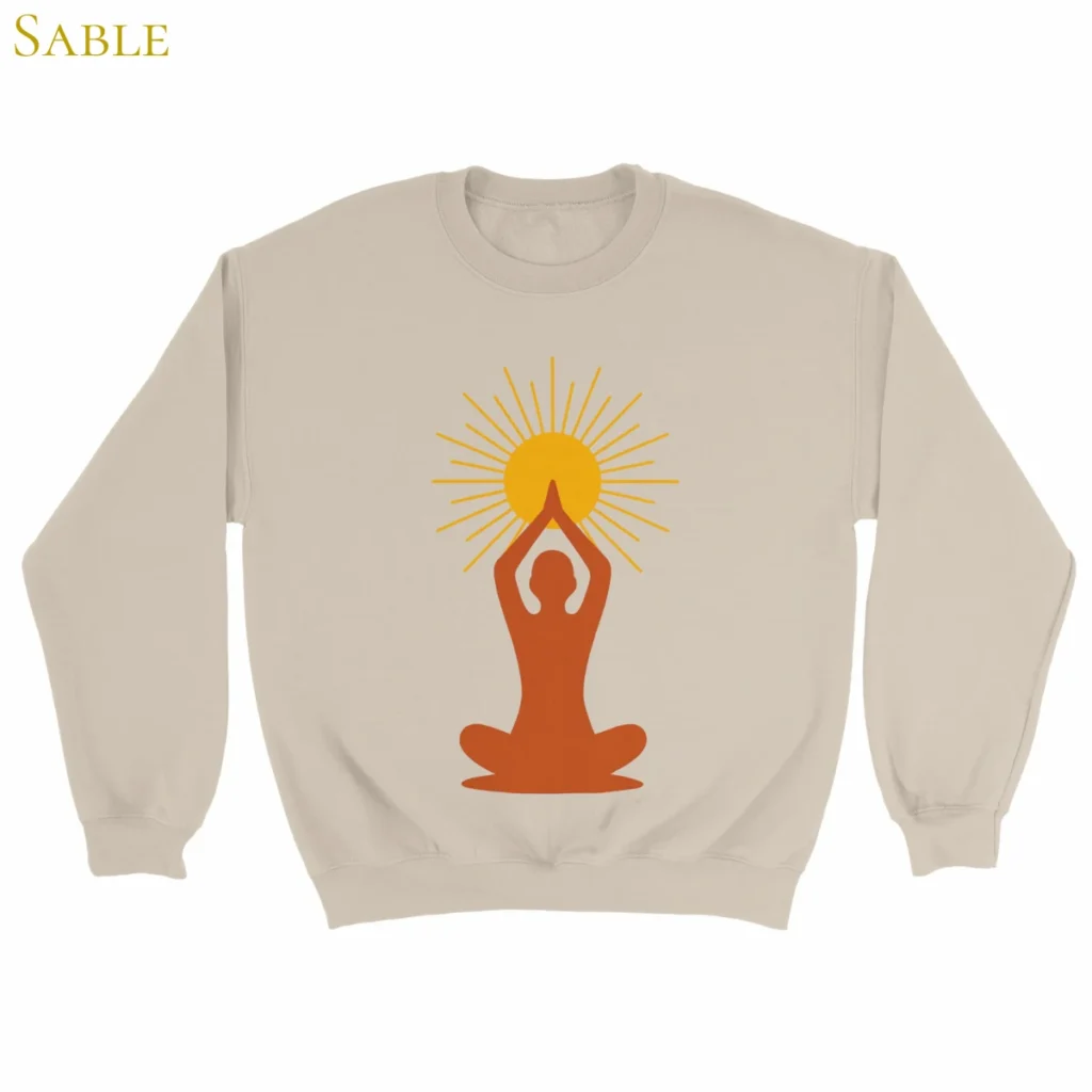 Sweat Lumière intérieure sable avec symbole solaire de méditation imprimé sur le devant
