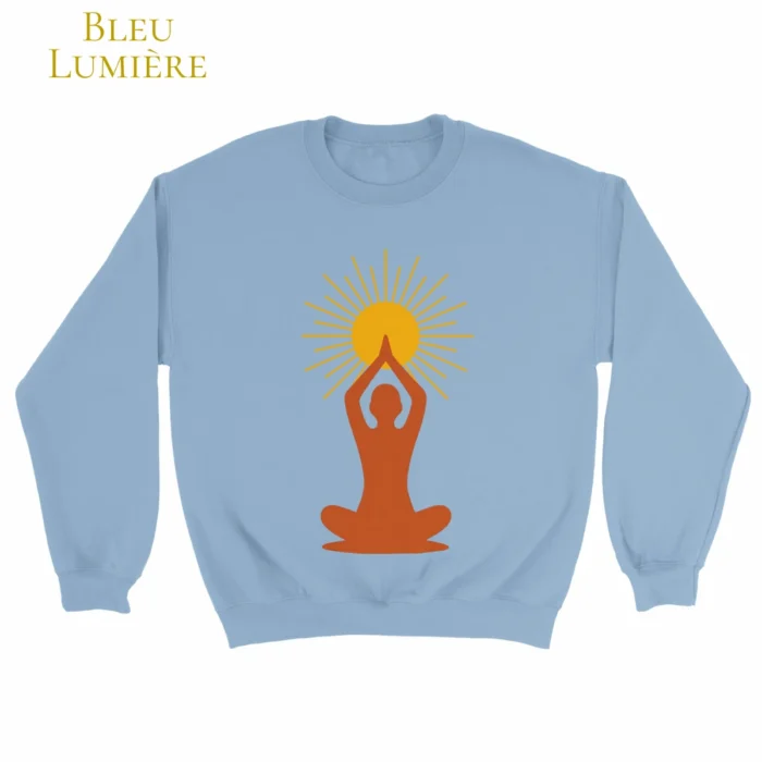 Sweat Lumière intérieure bleu lumière avec symbole solaire de méditation imprimé sur le devant