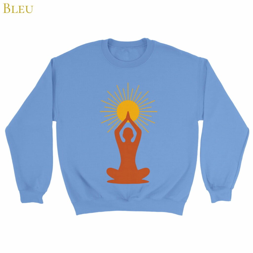 Sweat Lumière intérieure bleu avec symbole solaire de méditation sur le devant