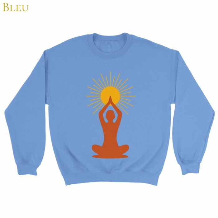Sweat Lumière intérieure bleu avec symbole solaire de méditation sur le devant