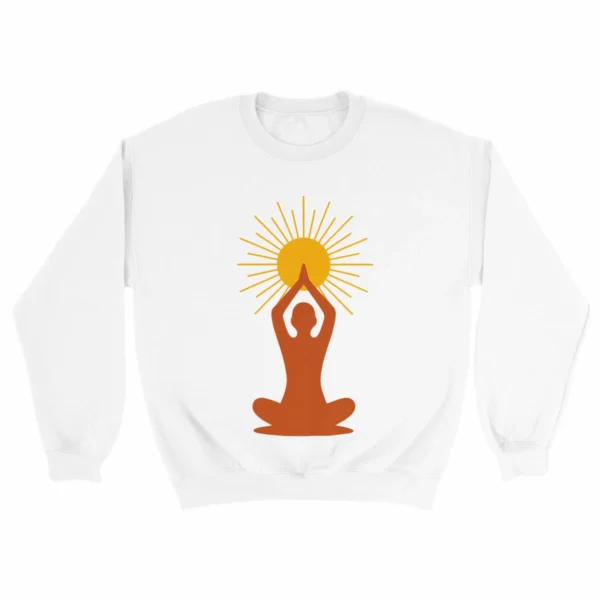 Sweat Lumière intérieure blanc avec symbole solaire de méditation imprimé sur le devant