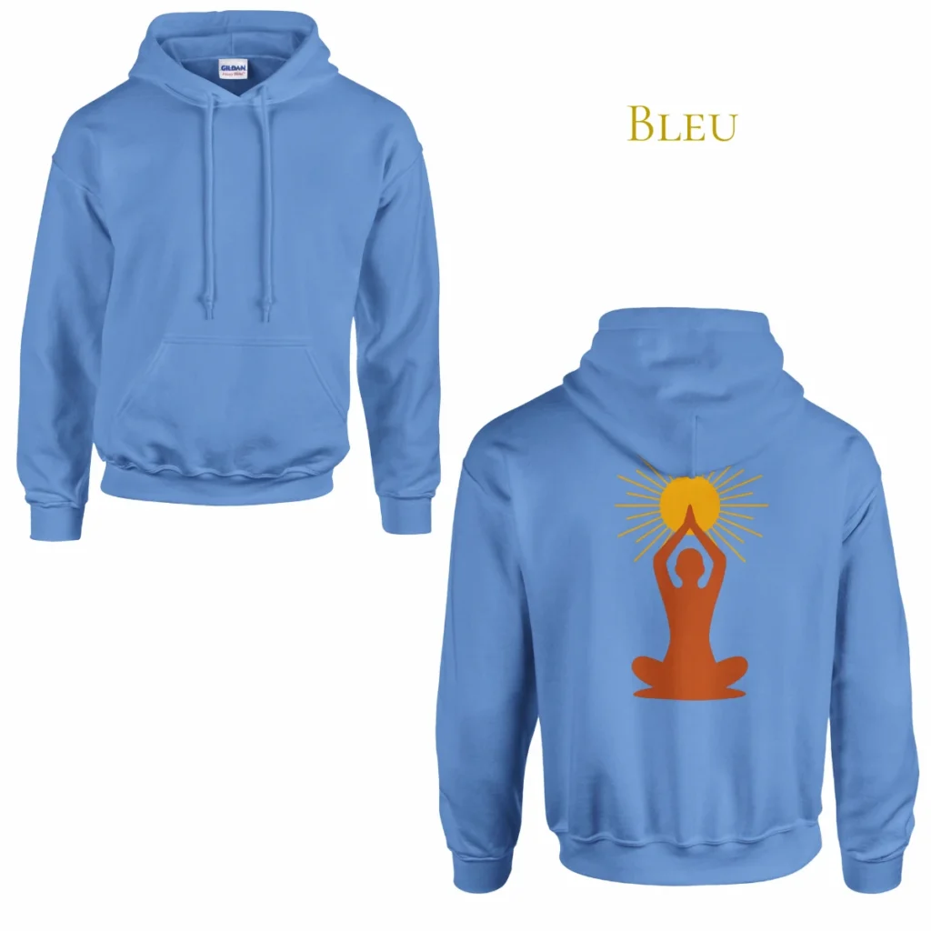 Hoodie Lumière intérieure bleu – symbole de méditation au dos – sweat à capuche unisexe
