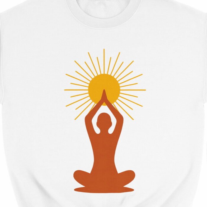 Détail du symbole solaire de méditation imprimé sur le sweat Lumière intérieure blanc