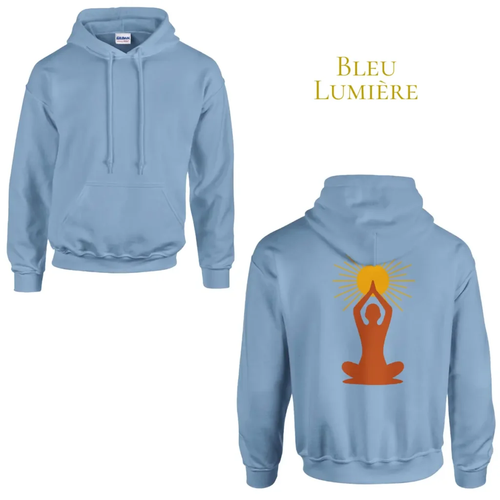 Hoodie Bleu Lumière Solaire Universel avec symbole méditatif et soleil imprimé dans le dos, présenté de face et de dos.