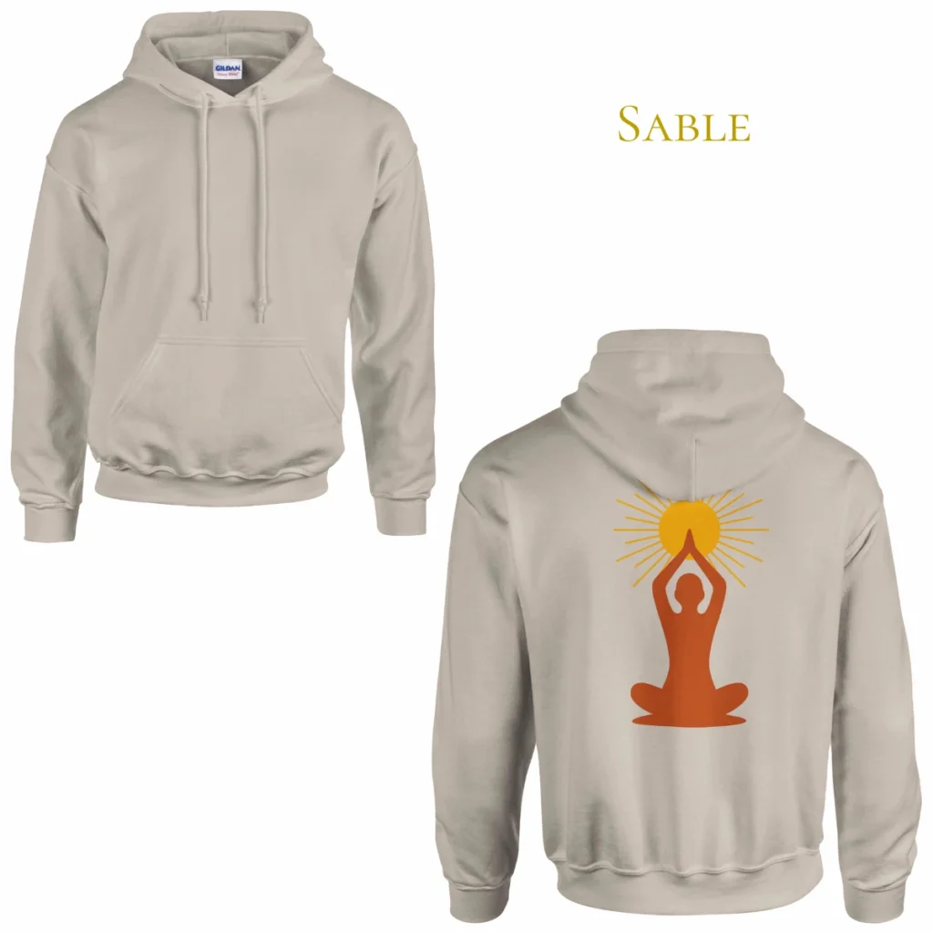 Hoodie Lumière intérieure sable – symbole solaire au dos – sweat à capuche unisexe