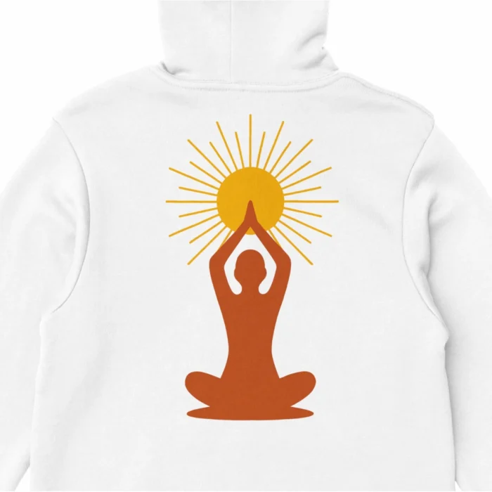 Détail du symbole solaire Lumière intérieure imprimé au dos du hoodie blanc