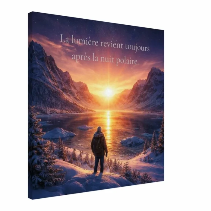 Toile murale en perspective avec paysage nordique enneigé et lever de soleil symbolisant le retour de la lumière après la nuit