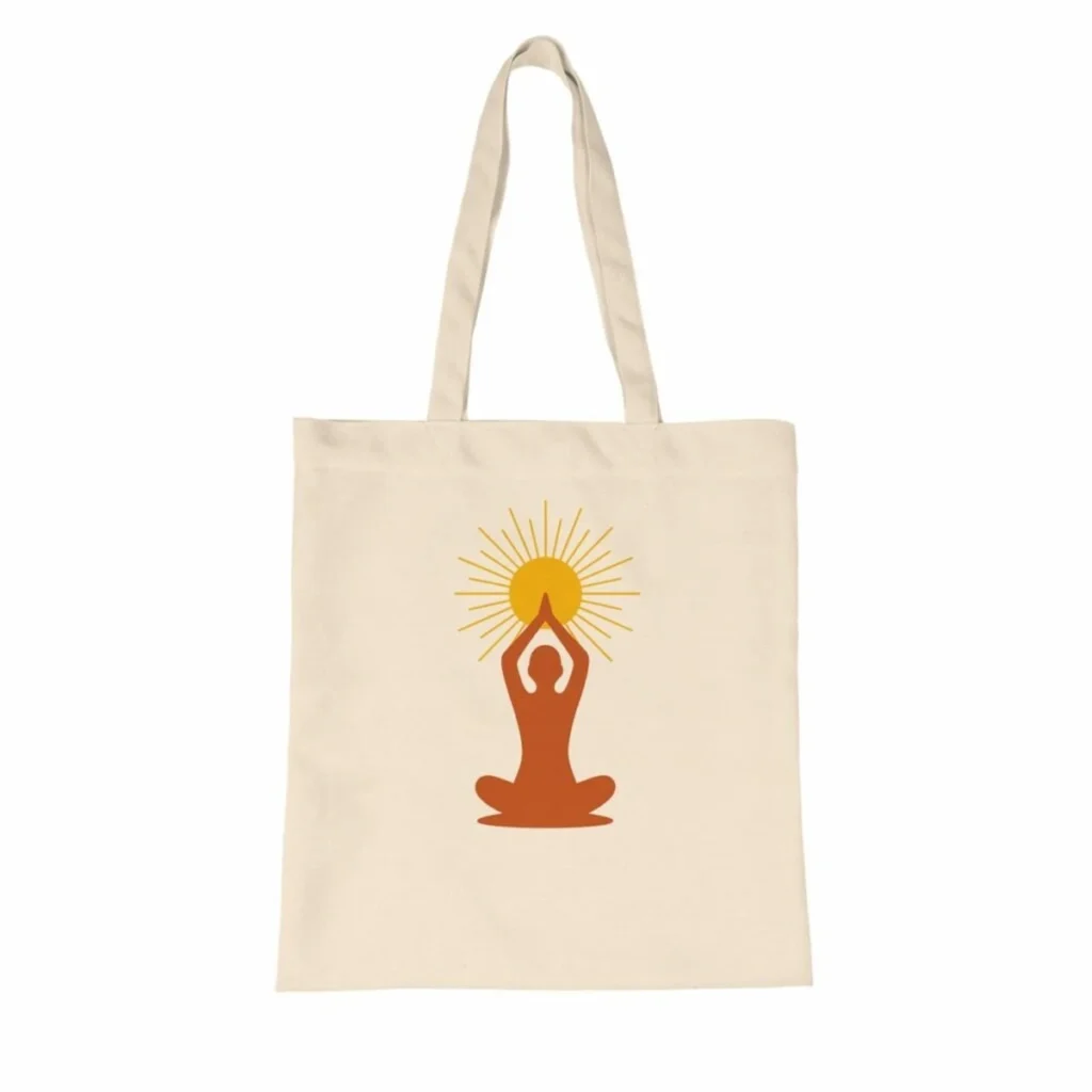 Sac tote en coton écru avec un symbole solaire représentant une silhouette en méditation sous un soleil rayonnant, design esprit bien-être et énergie solaire.