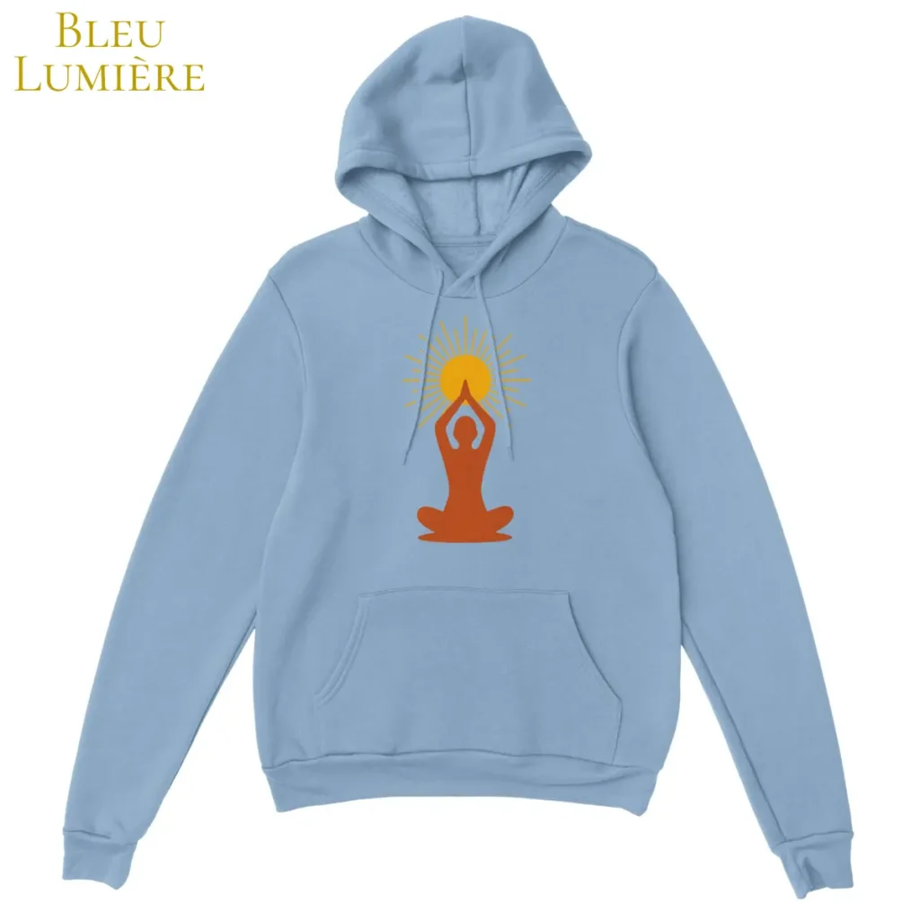 Hoodie bleu lumière ciel design dos méditation soleil levant - Solaire Universel