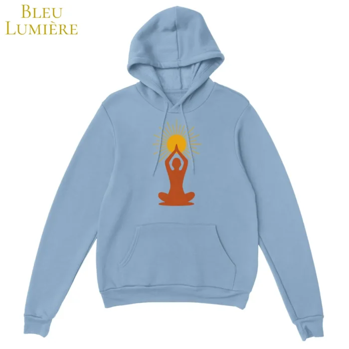Hoodie bleu lumière ciel design dos méditation soleil levant - Solaire Universel