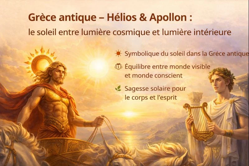 Illustration artistique de la Grèce antique représentant Hélios conduisant son char solaire et Apollon tenant une lyre, symboles de la lumière cosmique, de l’harmonie intérieure et de la sagesse solaire.