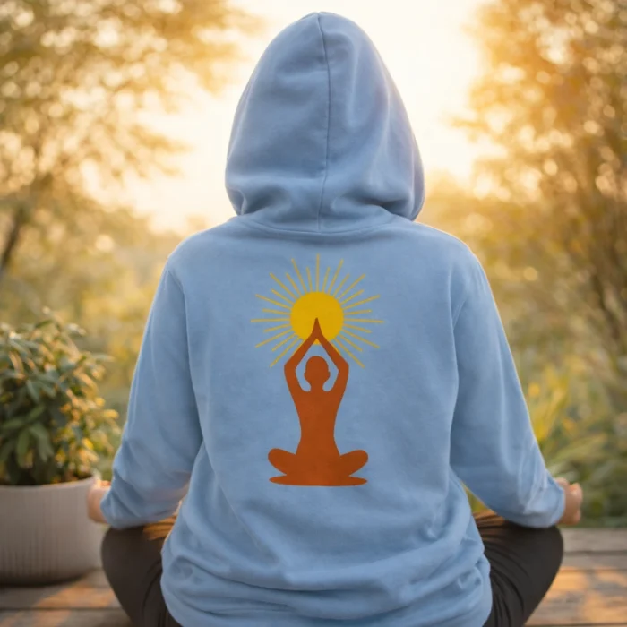 Personne assise en position de méditation, vue de dos, portant un hoodie bleu clair Solaire Universel avec un symbole solaire représentant une silhouette méditative sous un soleil rayonnant, dans un cadre naturel et apaisant.