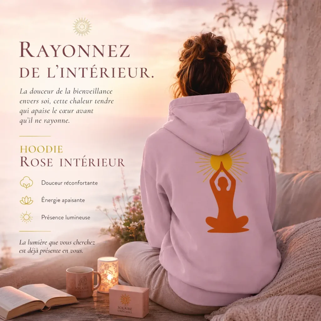 Mise en scène du hoodie Rose Intérieur Solaire Universel dans une ambiance cocooning et apaisante, avec symbole de méditation et soleil imprimé dans le dos.