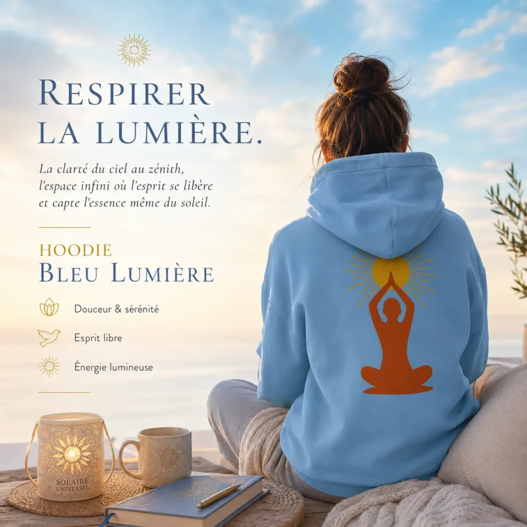 Mise en scène du hoodie Bleu Lumière Solaire Universel face à un ciel lumineux, avec symbole de méditation et soleil imprimé dans le dos dans une ambiance de sérénité.