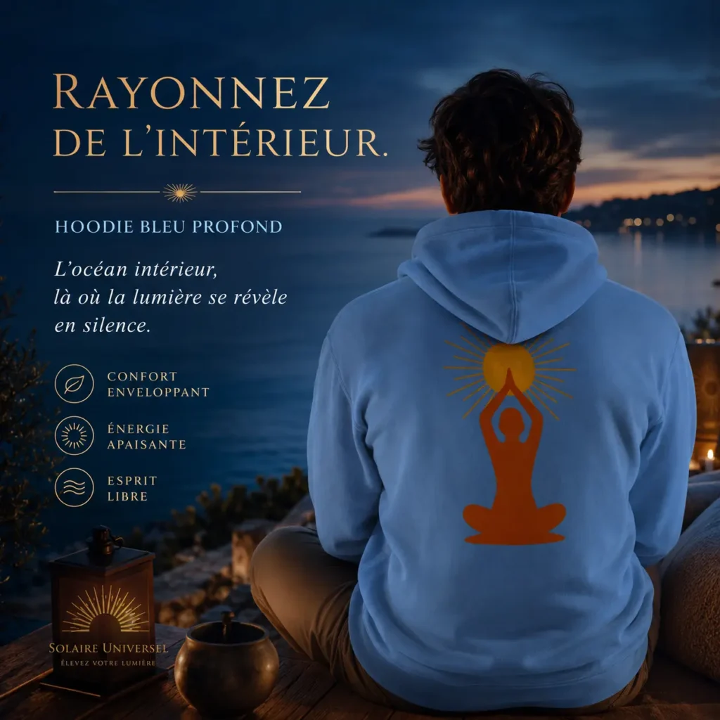 Mise en scène du hoodie Bleu Profond Solaire Universel dans une ambiance nocturne au bord de l'eau, avec symbole de méditation et soleil imprimé dans le dos.
