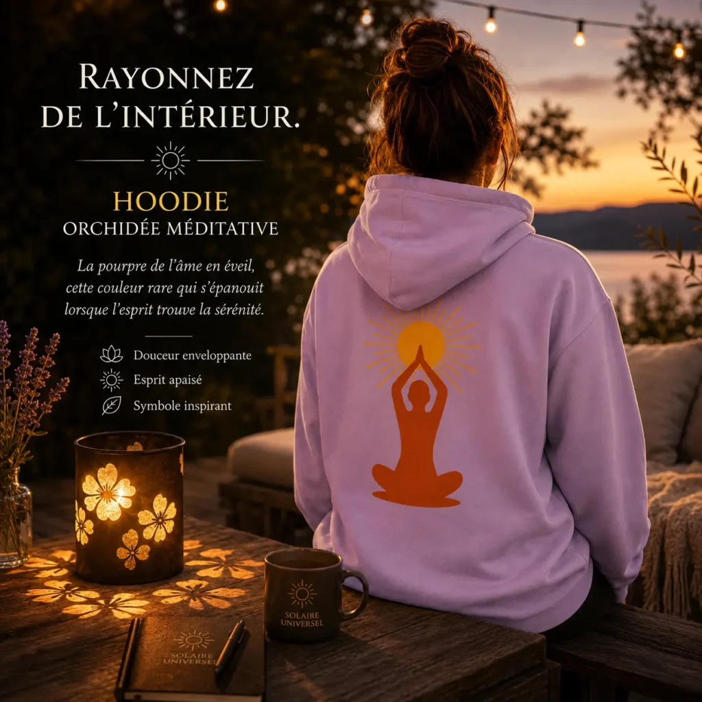 Mise en scène du hoodie Orchidée Méditative Solaire Universel dans une atmosphère zen au crépuscule avec lanterne solaire fleurie et symbole méditatif imprimé dans le dos.