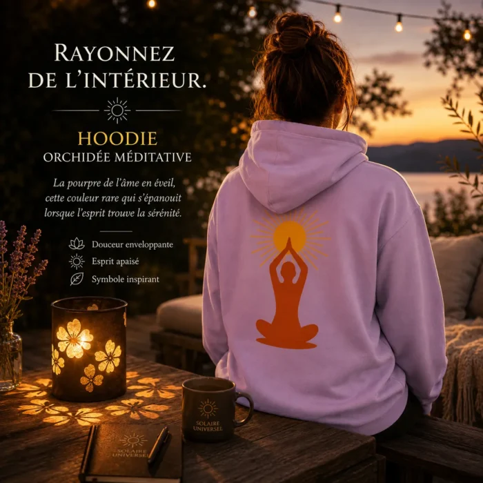 Mise en scène du hoodie Orchidée Méditative Solaire Universel dans une atmosphère zen au crépuscule avec lanterne solaire fleurie et symbole méditatif imprimé dans le dos.