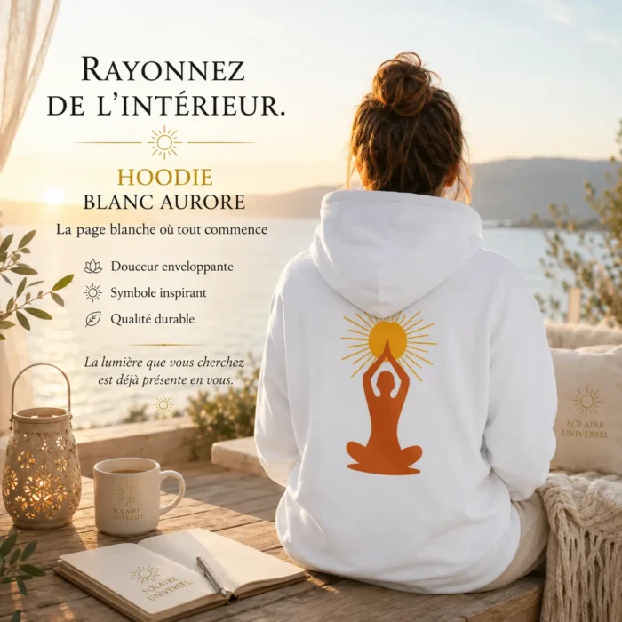 Mise en scène du hoodie Blanc Aurore Solaire Universel porté face à un lever de soleil, avec symbole de méditation et soleil imprimé dans le dos dans une ambiance lumineuse et apaisante.