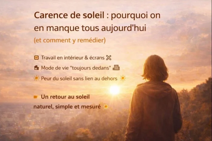 Personne de dos face au soleil bas, symbole du manque de lumière dans la vie moderne