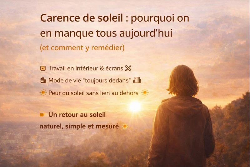 Personne de dos face au soleil bas, symbole du manque de lumière dans la vie moderne