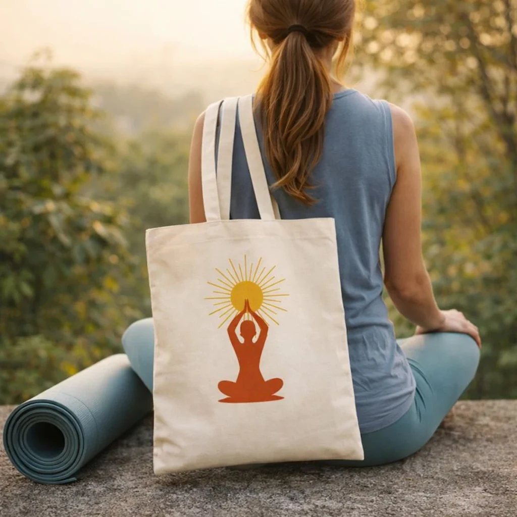 Personne vue de dos assise en extérieur dans une ambiance naturelle et lumineuse, portant un sac tote en coton avec un symbole solaire représentant une silhouette en méditation sous un soleil rayonnant, accompagné d’un tapis de yoga.