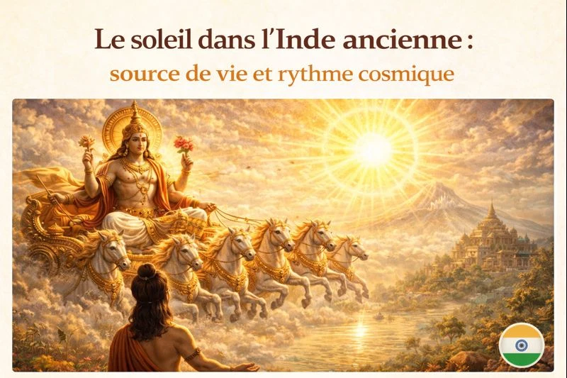 Surya, dieu solaire de l’Inde ancienne, traversant le ciel sur son char doré, symbole de source de vie, de rythme cosmique et d’harmonie universelle