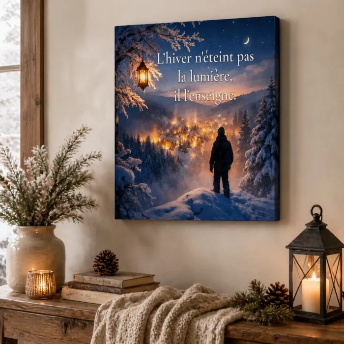 Toile murale avec citation « L’hiver n’éteint pas la lumière, il l’enseigne » dans une décoration hivernale chaleureuse, avec lanterne allumée, branches givrées, pommes de pin, plaid en maille et ambiance cocooning.