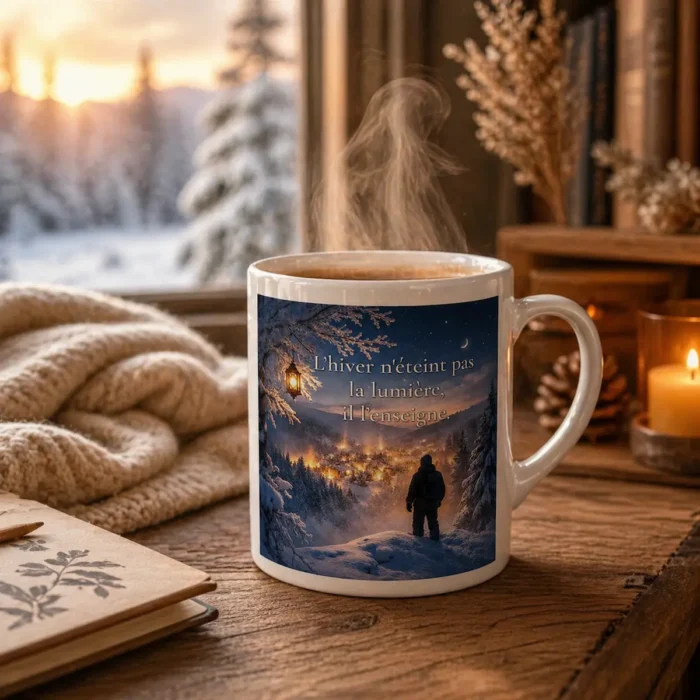 « L’hiver n’éteint pas la lumière, il l’enseigne » posé sur une table en bois près d’un carnet et d’une fenêtre hivernale, dans une ambiance chaleureuse avec plaid, bougie et vapeur qui s’élève de la tasse."