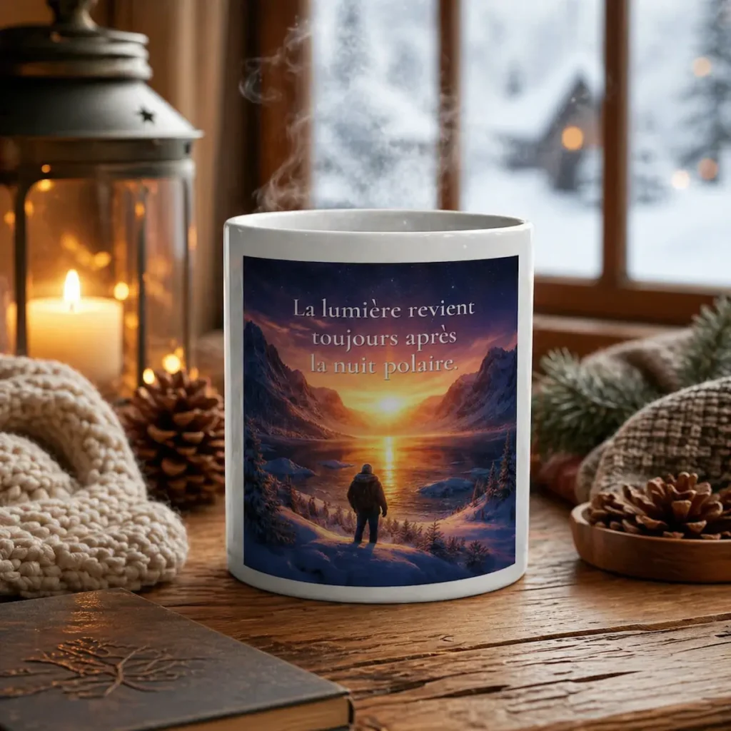 "Mug blanc avec citation « La lumière revient toujours après la nuit polaire » dans une mise en scène hivernale chaleureuse, avec vapeur qui s’élève, lanterne, plaid en maille, pommes de pin et fenêtre enneigée en arrière-plan."