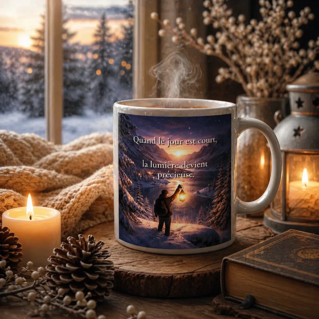 "Mug blanc avec citation « Quand le jour est court, la lumière devient précieuse » dans une mise en scène hivernale chaleureuse, avec vapeur, bougie, lanterne, livre ancien, pommes de pin, plaid en maille et fenêtre enneigée."