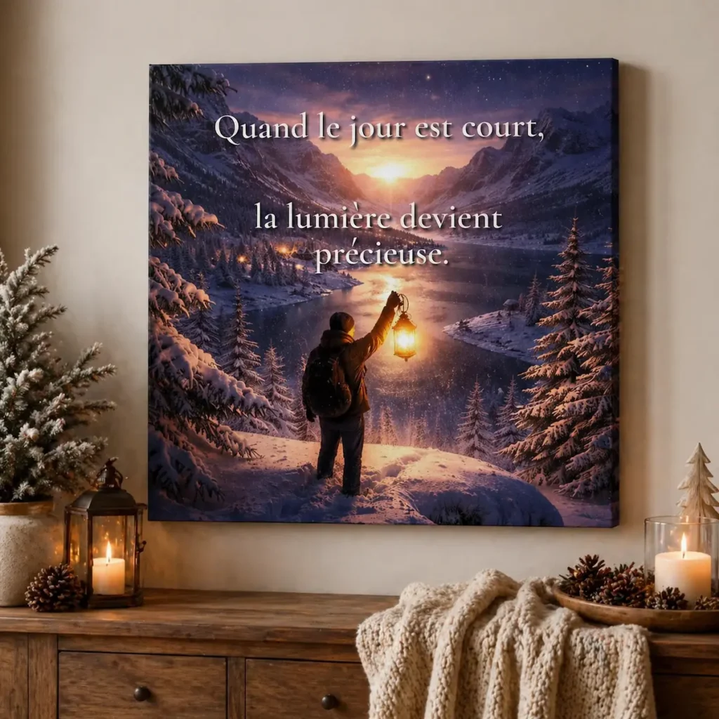 "Toile murale avec citation « Quand le jour est court, la lumière devient précieuse » dans une mise en scène hivernale chaleureuse, avec lanterne, bougie, pommes de pin, sapin enneigé et plaid en maille sur un meuble en bois."