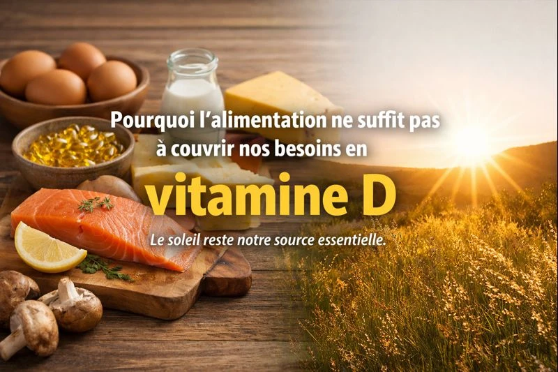 Aliments riches en vitamine D face au soleil, illustrant que l’alimentation ne suffit pas à couvrir les besoins en vitamine D sans exposition solaire