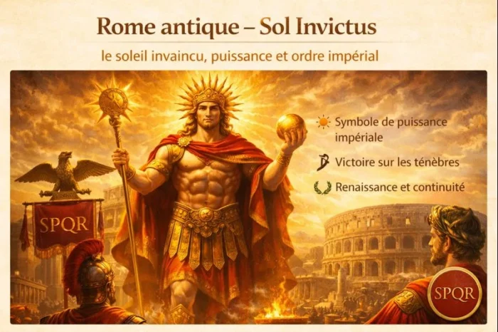 Sol Invictus dans la Rome antique, soleil invaincu symbole de puissance impériale, de victoire sur les ténèbres et de renaissance