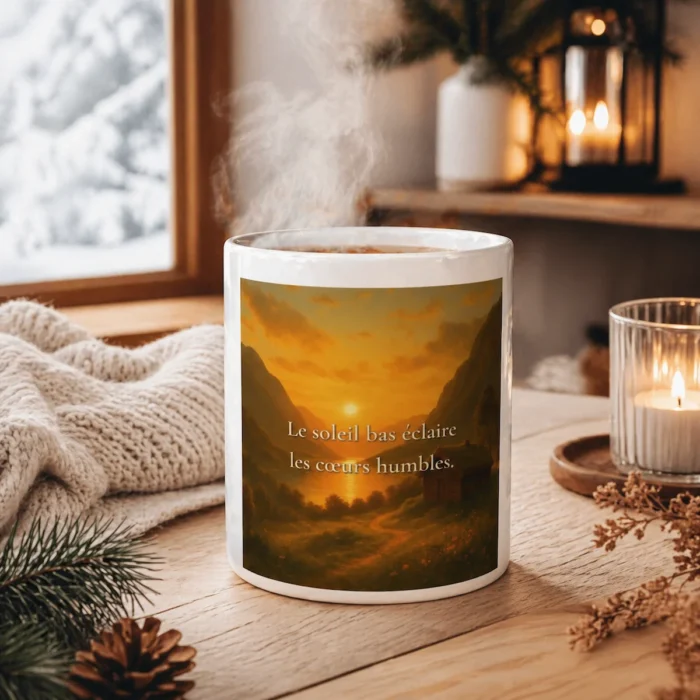 Le soleil bas éclaire les cœurs humbles » mis en scène dans une ambiance nordique chaleureuse avec déco hivernale.