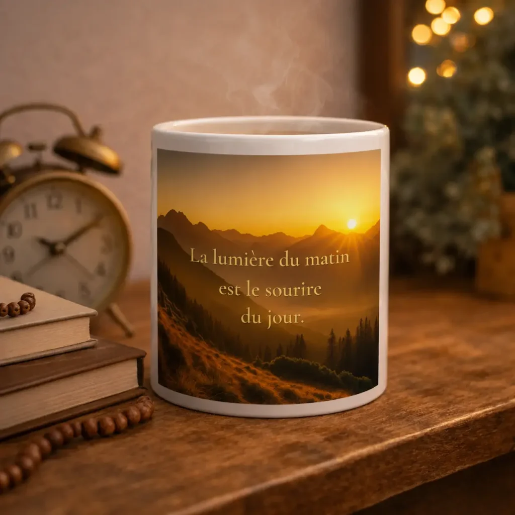 Mug blanc « La lumière du matin est le sourire du jour » présenté de face dans une ambiance matinale chaleureuse