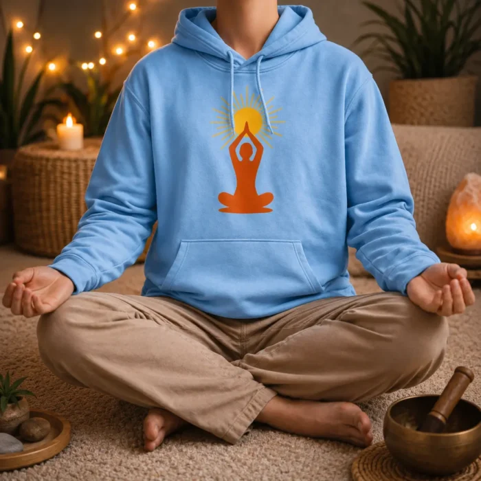 "Hoodie bleu porté en posture de méditation dans un espace zen chaleureux, sans visage visible, avec lumière douce et ambiance apaisante."