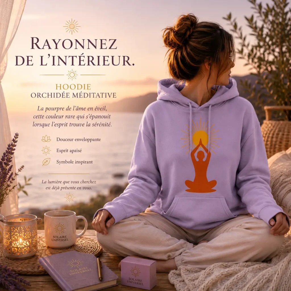 Femme en posture de méditation portant hoodie orchidée méditative violet lavande - Solaire Universel