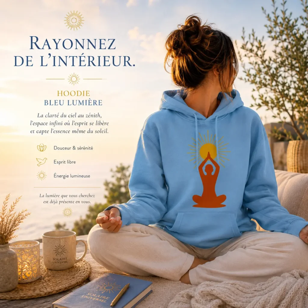 Hoodie bleu lumière ciel méditation matinale avec carnet et tasse Solaire Universel