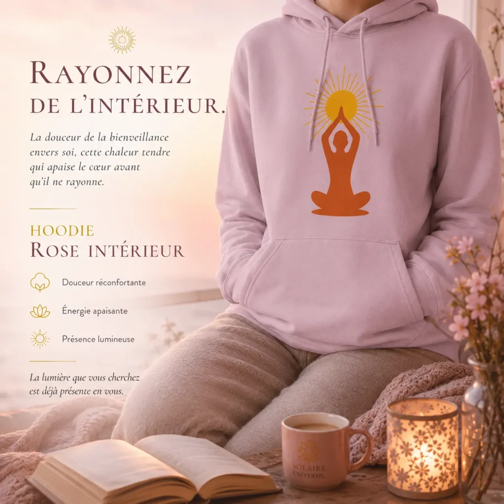 Hoodie rose intérieur bienveillance avec design méditation solaire - Collection Art et Esprit Solaire