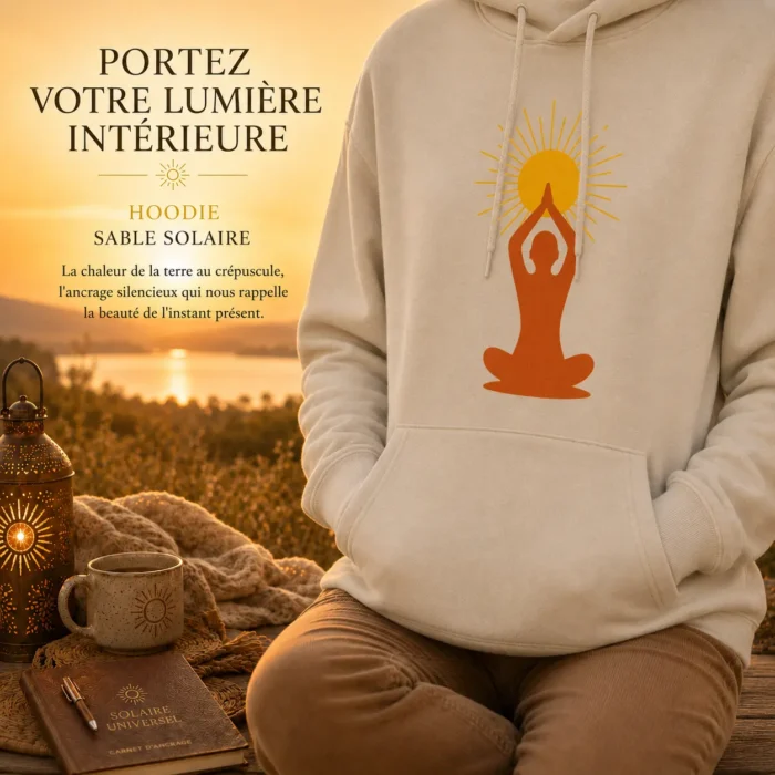 Hoodie sable solaire ancré dans la nature au coucher du soleil avec lanterne décorative