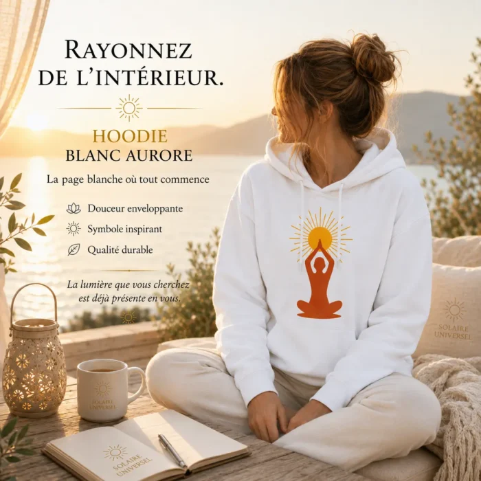 Femme en méditation portant hoodie blanc aurore avec symbole soleil intérieur - Solaire Universel