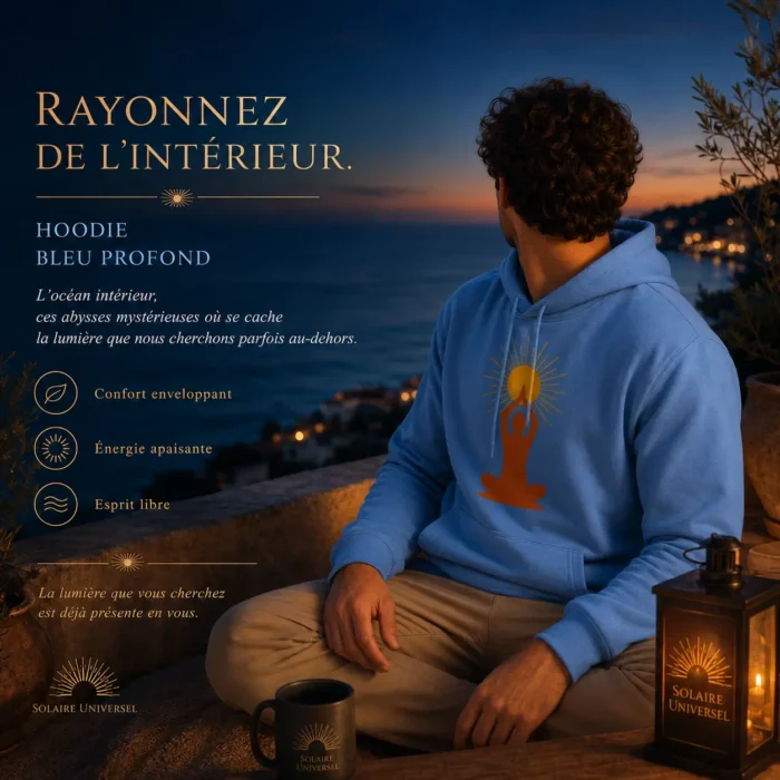 Homme en méditation portant hoodie bleu profond avec symbole soleil intérieur au crépuscule vue mer - Solaire Universel